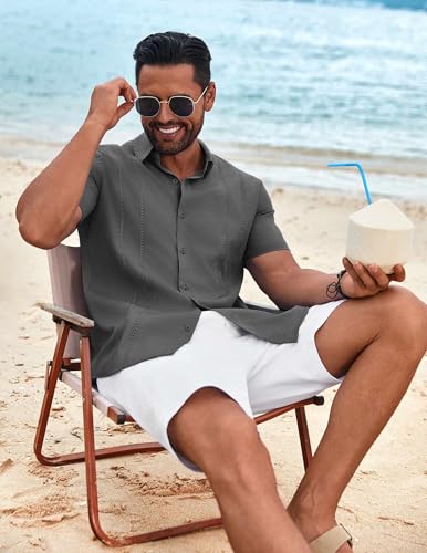 Image of COOFANDY Mens Cuban Guayabera Shirt Short Sleeve Button Down Shirts Summer Beach Vacation Shirts