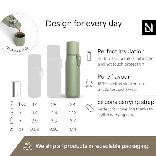 Image of LARS NYSOM Stainless Steel Thermo Water Bottle - Double Wall Insulated Water Bottle with Cup & Carry Strap, Leakproof Metal Bottle for Travel, Office & Outdoor (Sage Green, 34oz)