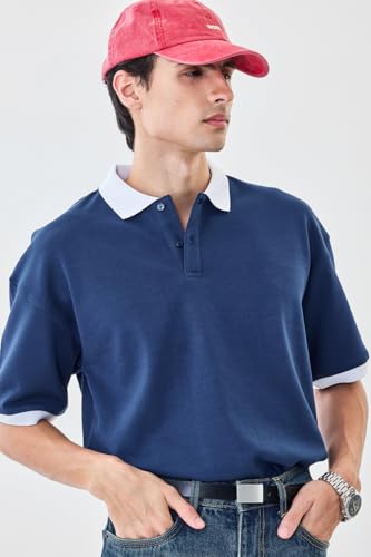 Image of SNITCH Men Polo Plus Size T-Shirt | Solid Polo with Contrast Inner Placket & Tipped Cuffs | 96% Cotton 4% Lycra Stretch Regular Fit, Casual Wear