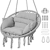 Goutime Hammock Chair, Macrame Hanging Swing Chairs with Cushion and Hardware Kit,Adult Boho Swings for Outside,Patio,Balcony,Bedroom (Light Grey)