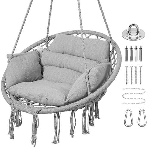 Goutime Hammock Chair, Macrame Hanging Swing Chairs with Cushion and Hardware Kit,Adult Boho Swings for Outside,Patio,Balcony,Bedroom (Light Grey)