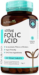 Folic Acid Tablets 400 mcg - 400 Vegan Vitamin B9 Tablets - 13 Month Supply - Pregnancy Care - Normal Function of Immune System & Maternal Tissue Growth During Pregnancy - Made in The UK by Nutravita