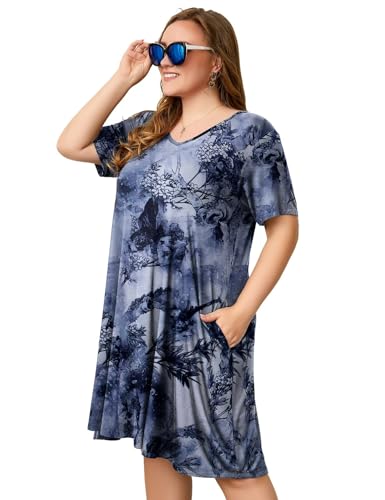 Image of OVERWORETY Womens Short Sleeve Plus Size T-Shirt Dress V Neck Casual Loose Swing A-Line Summer Tunic Dresses with Pockets