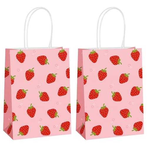 Hxezoc 12 Pieces Strawberry Gift Bags with Handle Paper Treat Candy Bag Strawberry Party Favor Bags for Strawberry Theme Sweet Birthday Party Decoration Supplies