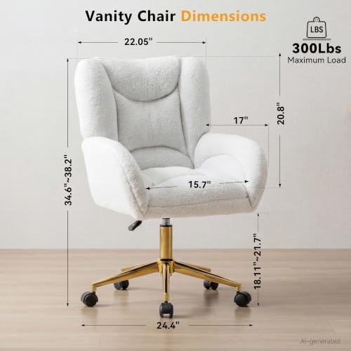 Image of FOXHUNTER Vanity Chair with Ergonomic Back & Wheels, 360 Swivel Accent Chair, Adjustable Height Home Office Chair for Living Room, Bedroom (Teddy,White)