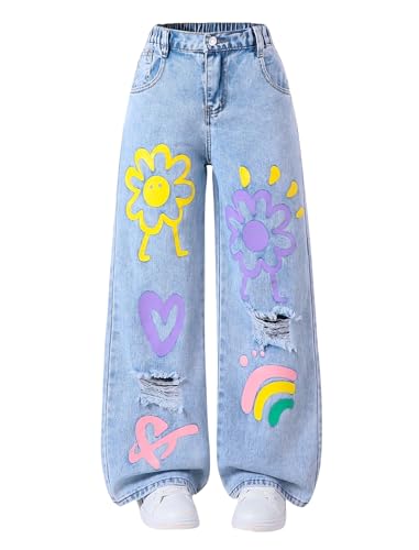 Girls Jeans Baggy Wide Leg Ripped Denim Pants Heart & Flower Print High Elastic Waisted Y2K Skater Outfits 8-12Y