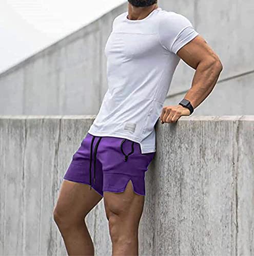 Men's Solid Gym Workout Shorts Bodybuilding Running Fitted Training Jogging Short Pants with Zipper Pocket Purple US M Tag XL