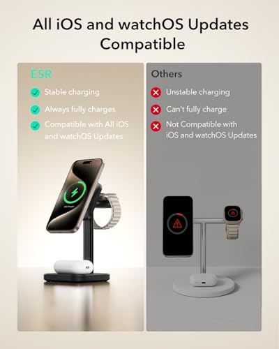 Image of ESR 3 in 1 Wireless Charging Station, [Certified] Apple Watch Charger & 15W MagSafe Charger Stand for iPhone, Wireless Charger for Multiple Devices iPhone 17-12&Watch&AirPods,Black