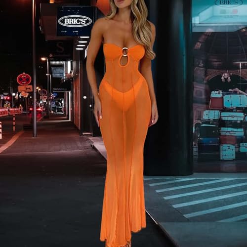 Image of Sexy Sheer Mesh Dresses for Women See Through Maxi Dress Strapless Tube Top Night Party