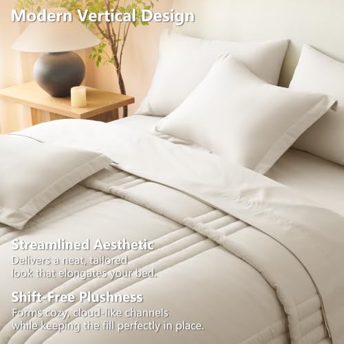 Image of CozyLux Full Size Comforter Sets Beige - 7 Pieces Bed in a Bag, Modern Vertical Quilted Room Decor, Soft All-Season Bedding Gift with Comforter, Sheets, Pillowcases & Shams