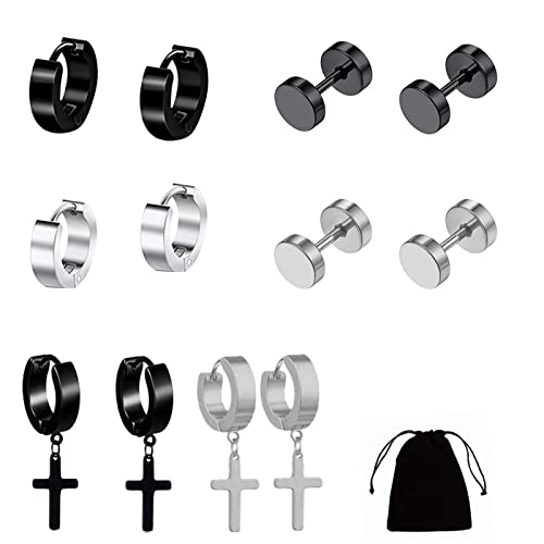 6 Pairs Stud Earrings, Stainless Steel Mens Small Hoop Earrings Ear Piercing Screw Jewelry Barbell Studs Non Pierced Male Earrings Studs Hoop Ear Plugs Huggie Stud Earrings