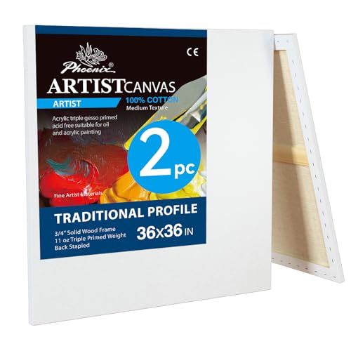 PHOENIX 36x36 Inch 2 Pack Artist Canvas - Extra Large Square Stretched Canvases for Painting - 3/4 Inch Profile, 100% Cotton 11 Oz. Gesso Primed White Blank Professional Canvas Oil & Acrylic Paints