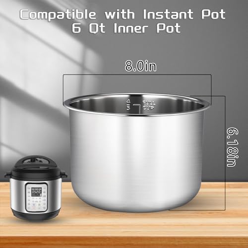 6 Quart Stainless Steel Inner Pot, Compatible with Instant Pot 6 Quart Certain Models, 0 coating, Includes 1 6 QT Inner Pot and 1 Steamer Basket.3 Year Warranty.Not Compatible With CrockPot.