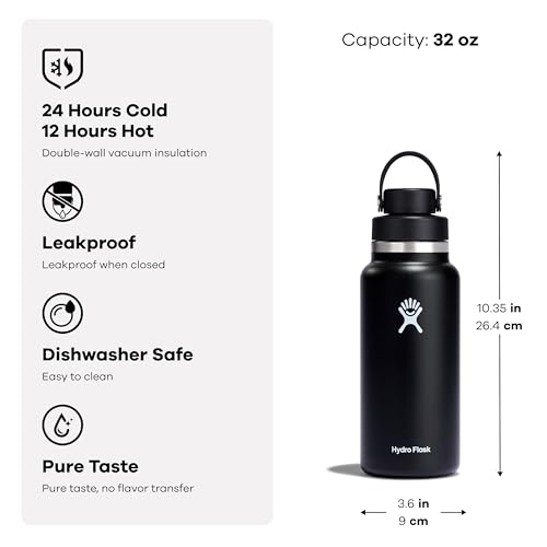 Hydro Flask Water Bottle - Insulated Stainless Steel - Wide Mouth Chug Lid, Non Spill, Leakproof in 32 Oz Black