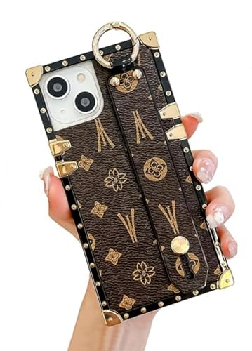 Dropcases Compatible with iPhone 13/14 Case Rectangle,Protective Luxury Leather Case for Women Girls,with Wrist Strap Kickstand Holder Phone Cover for iPhone 14/13-6.1”(Brown)