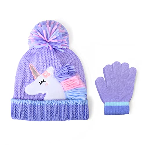 accsa Gorro y Guante Invierno Niños Unicornio 2 Piezas Conjunto Gorros de Punto con Pom Pom Sombrero Grueso Cálido con Forro Polar Pompón Gorro y Manoplas Niñas de 4 a 7 Años