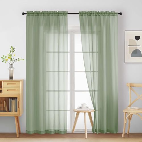 Ebesto Sage Green Sheer Curtains 84 Inches Long 2 Panels Elegant Airy Transparent Light Filtering Window Curtains Window Drapes for Living Room Bedroom Top Dual Rod Pocket Design 2x42Wx84L Inches