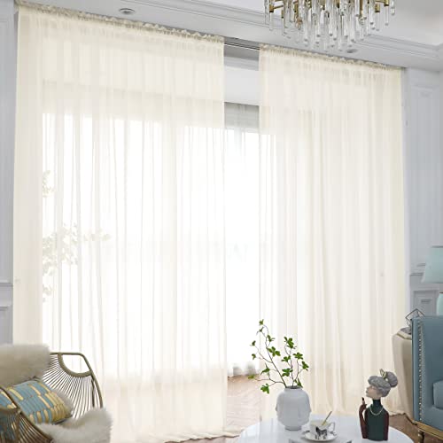 Image of Window Beige Sheer Curtains 63 Inches Long 2 Panels Sheer Curtain Basic Rod Pocket Panel for Bedroom Children Living Room Yard Kitchen (Beige, 52 inch W x 63 inch L | 2 pcs)