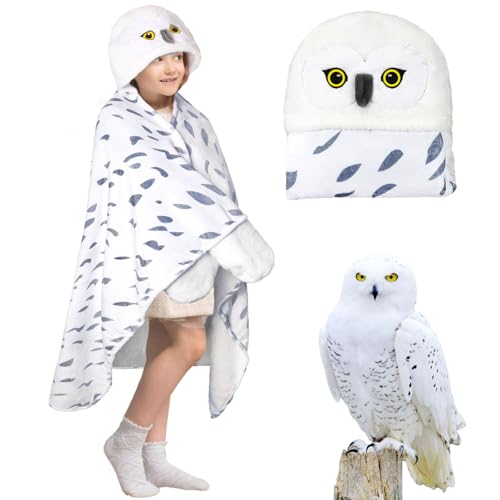Wearable Blanket Hoodie, Snowy Owl Hooded Blanket Kids Cloak with Gloves, Super Soft Flannel Owl Gifts for Boys and Girls Birthday Holiday Gifts(Snowy Owl - kids)