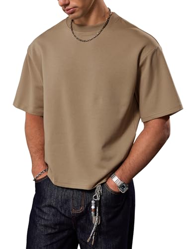 Herberton Mens Stylish 2026 T-Shirt Spring Gentle Tee Loose Fit Solid Color Cooling Oversize Short Sleeve Cropped Summer Baggy Cotton Street Retro Heavy Tshirts Khaki XL