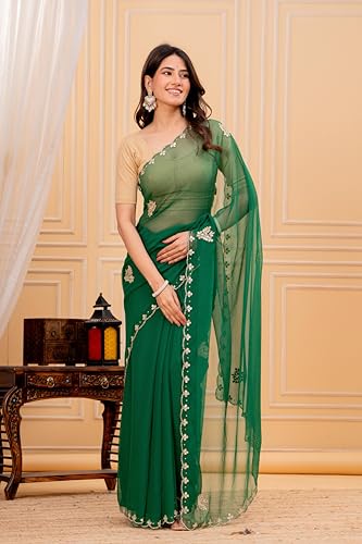 Image of Women's Embroidered Saree with Beige Blouse | Elegant Embroidery Work Saree for Women | Wear in Festive Saree and Ethnic Outfit | Green