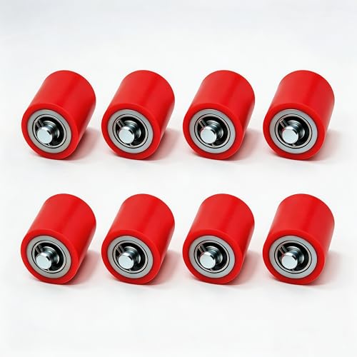 Image of Heavy Duty Pallet Jack Load Wheels Replacement Kit (4 Pairs / 8 Wheels) - 3 inch x 3.75 inch (74.5mm x 93mm) Polyurethane Tread, Pre-Installed 20mm Bearings w /Axles & Pins (Red)