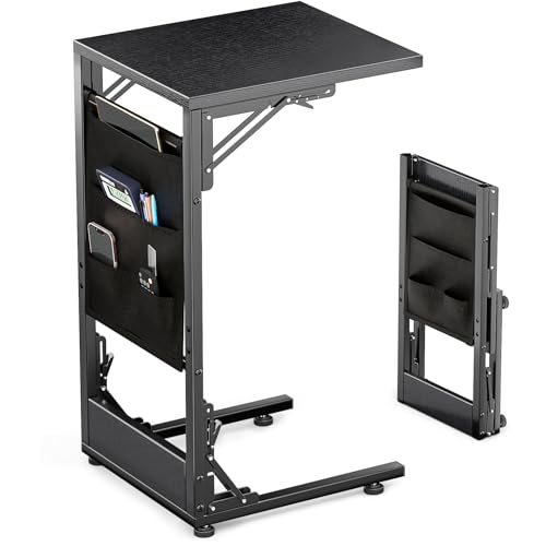 Image of Folding C Shaped End Table, Small Folding Side Table with Storage Bag, Portable TV Tray for Couch, Sofa, Bed, Black