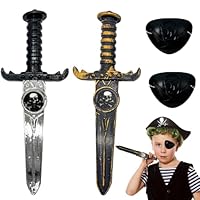 2 Plastic Toy Daggers with 2 Eye Patches, Pirate Sword, Pirate Accessories for Kids, Role Play Costume Props for Halloween Parties, Pirate Theme Events and Cosplay