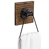 MyGift Industrial Matte Black Metal Hand Towel Ring with Rustic Solid Burnt Wood Wall Backing Towel Holder for Bathroom Kitchen Laundry Room 55 x 87 inch
