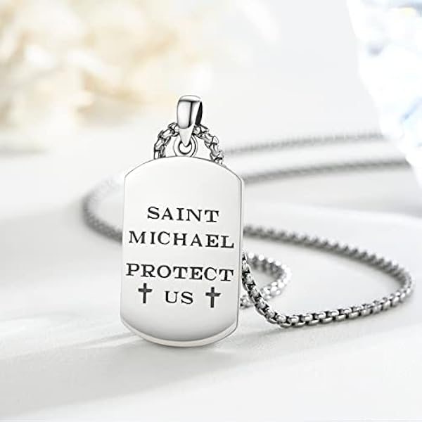 SOESON Collar Saint Michel de plata de ley 925 ángel guardián collar para hombre Amuleto envejecido, protección religiosa Saint Michel, colgante para hombre, collares joyas (20'' 2''), Plata esterlina