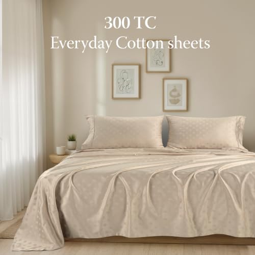 Image of Threadmill 300 Thread Count Cotton Twin Sheet Set, Sateen, Jacquard, Beige | 100% Cotton, Sateen Weave, Jacquard Pattern, 3-Piece Set, 16 inch Deep Pocket, Cooling, Fade-Resistant, Breathable