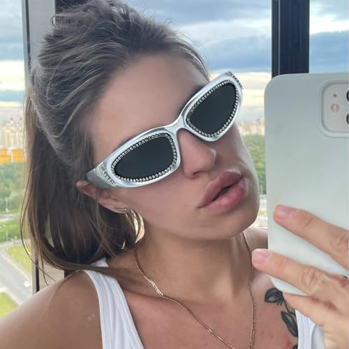 LJCZKA Y2K Rhinestone Wrap Around Sunglasses for Women Men Diamond Oval Sun Glasses Trendy Bling Punk Shield Shades3