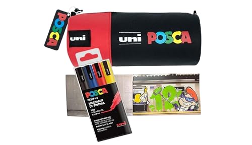 Rotuladores Posca + Estuche Posca color AZUL + Libro de Dibujo - Pack de 4 Rotuladores de Colores Surtidos con un práctico Estuche y Cuaderno de dibujo de 40 páginas (Rojo)