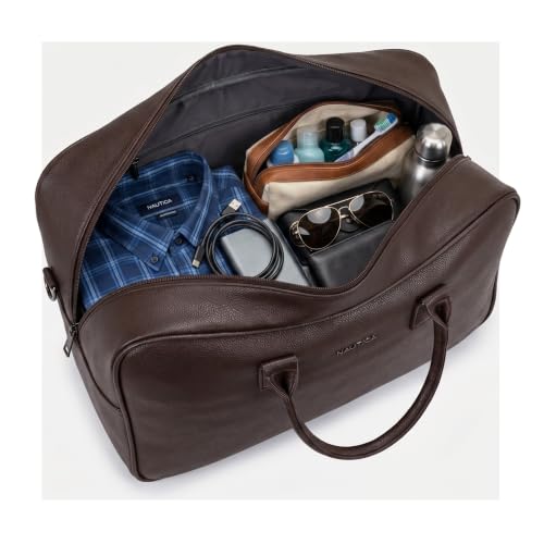 Image of Nautica Unisex 30L Travel Duffle Bag | Premium PU Vegan Leather with Twin Grab Handles for Men & Women | Spacious Main Compartment with Organised Pockets for Weekend Travel Trips | Dark Brown