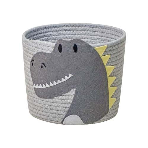 T&T Homewares Cotton Rope Storage Basket, Woven Storage Basket for Kids Boys Girls Foldable Laundry Basket, Baby Nursery Hamper, Basket for Bedroom, Bathroom, Living Room, Pet Toys (Grey Dinosaur)