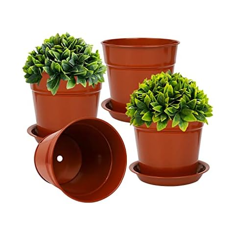 vensovo 6 Inch Red Brass Metal Plant Pots with Saucer - 4 Pack Small Metal Galvanized Flower Pot with Drainage Hole, Planter Pots with Tray Perfect for Planting and Wedding Party Decor Cover