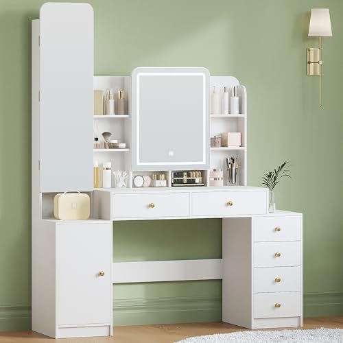 Hzuaneri Grande Coiffeuse avec éclairage, Miroir et Armoire à Bijoux, 8 Compartiments Ouverts, 6 Tiroirs et 1 Rangement, Blanc DT41803XEU