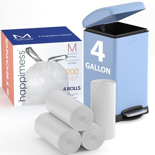 happimess HPM3000M-WHITE 4 Gallon Drawstring Unscented Trash Can Liner for Business Home Kitchen Commercial and Industrial White (200-Count, 4-Rolls of 50 Liners)