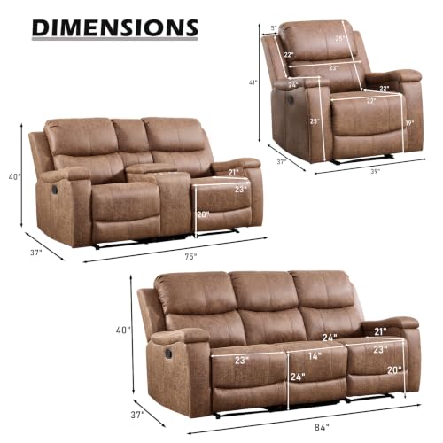 Image of CANMOV Faux Leather Manual Reclining Sofa Furniture Set, Manual Recliner Chair, Manual Loveseat and 3 Seat Recliner Sofa Couch Set for Living Room,Nut Brown