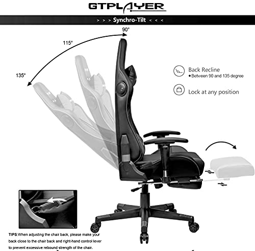 GTPLAYER-Silla-Gaming-con-Altavoz-Bluetooth-Reposapies-Escritorio-Oficina-Gamer-Ergonomica-con-Cojin-Reposabrazos-3D-Ajustables-Respaldo-Reclinable-Multifuncional-Gris-GTRACING-Series
