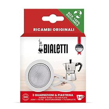 Bialetti Ricambi, Include 3 Guarnizioni e 1 Piastrina, Compatibili con Moka Express, Fiammetta, Break, Happy, Dama, Moka Melody, Alpina, Moka Timer e Rainbow ( 3/4 Tazze)