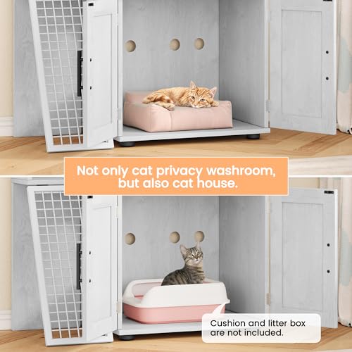 IDEALHOUSE Villa Litter Box Enclosure With Platform, Double Layer Hidden Furniture, Indoor Modern Cat Washroom, House With Ladder, 33.5" L x 17.9" W x 41.9" H, Antique White