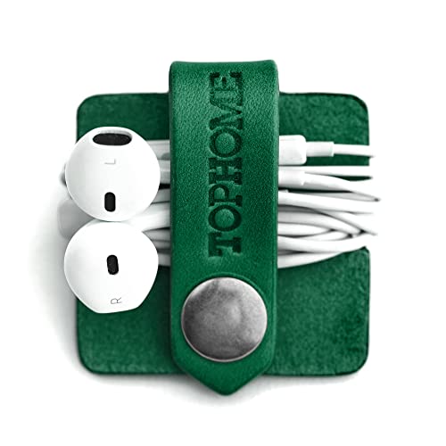 TOPHOME Cord Organizer Earbud Holders Earphone Wrap Earphones Organizer Headset Headphone Earphone Wrap Winder Cord Manager Cable Winder with Genuine Leather Handmade (1 Piece, Green)