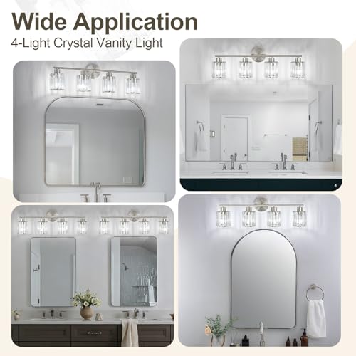 Image of Modern Brushed Nickel Crystal Bathroom Light Fixtures,4-Light