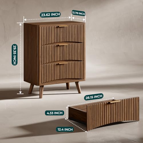 Image of Evermagin 29 inch Tall Fluted Nightstand Set of 2 with 3 Drawers | Walnut Night Stand, Wooden Bedside Table, Mid Century Modern Side Table for Bedroom, livingroom