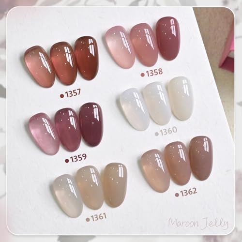 Image of GAOY Jelly Brown White Gel Nail Polish Set, 6 Translucent Colors Sheer Pink Maroon Soak Off UV Light Cure Gel Polish Kit for Salon and Nail Art DIY at Home