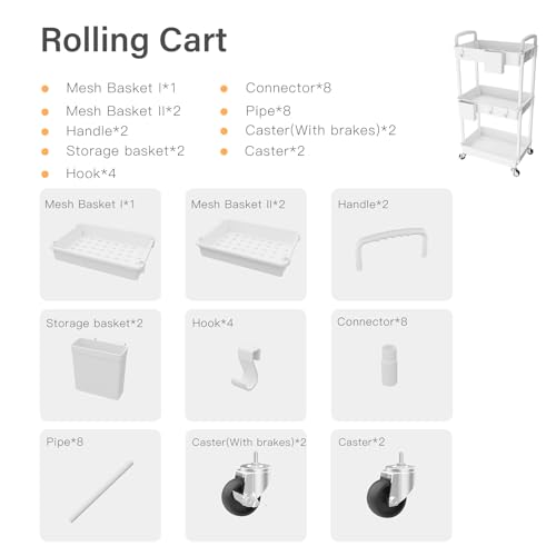 Image of 3 Tier Rolling Utility Cart with Handle,REBECAT Utility Cart Made of Multifunctional Storage Organizer Tool for Kitchen,Bathroom,Living Room,Office(White)