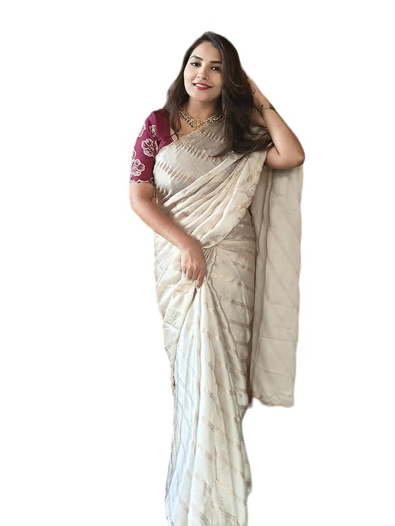 HMP Fashion Women's Moss Chiffon with Lehriya Foil Print Saree C Pallu Arco Zari Embroidery work With Rangoli UnStitch Blouse piece
