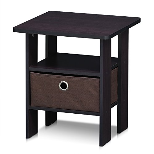 Image of Furinno ANDREY Square Side Table, End Table, Night Stand, Dark Walnut | Open Shelves and Storage Bin, Bedside Table, for Living Room, Bedroom