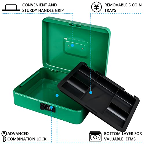 Image of KYODOLED Metal Cash Box with Combination Lock Money Box for Cash Safe Metal Box with Money Tray for Security Lock Box 11.81 inchx 9.45 inchx 3.54 inch Green X Large